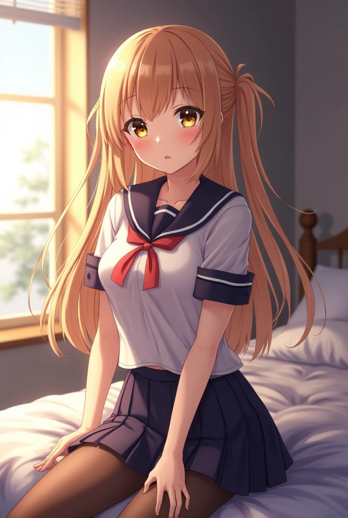 Minami Kotori, 1 girl, alone, masterPiece, 1 girl, คุณภาพดีatสุด, Ultra details, (shine), School uniform, ((bedroom)), In the building, bed, :P, Blush, Ray Tracing,Perfect lighting, (shine skin:1.2),reflection, long_hair, look_at_viewer, Blush, skirt, ribbon, Twintail, yellow_eyes, Pantyhose, bag, black_Pantyhose, low_Twintail, light_brown_hair, radius, niPPles, no,