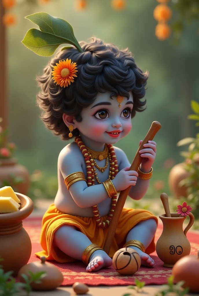 Lord shree krishna very cute playig with wooden toys and having a pitcher full of butter and his very beautiful flute besides him. In his feet the word ॐ is printed in beautiful red mehandi