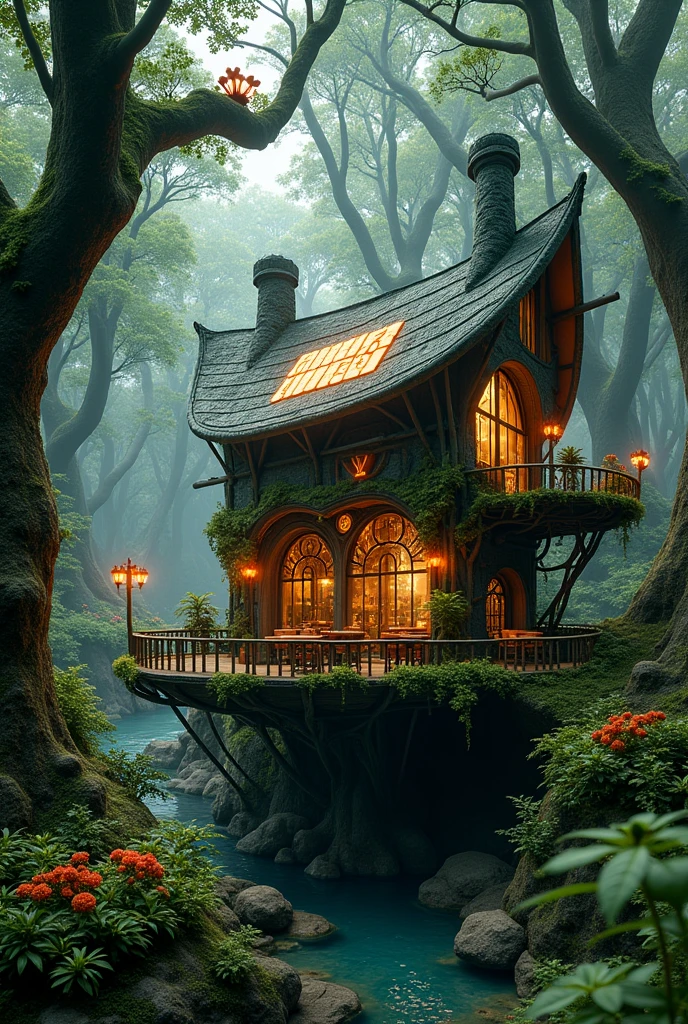 genarate a photo of a very unusual looking caffe in the woods, Fantasy architecture, Elven architecture, fantasy house, cyberpunk tree house, Solarpunk architecture, Fantasy buildings, highly detailed fantasy, Complex and realistic fantasy, Solarpunk Village, highly detailed fantasyアート, Solarpunk futuristic utopia, Solar Punk Utopia, 4K high-definition digital art, detailed fantasy digital art, fantasy surrealism,master piece, best high resolution,high quality content, 8K with great detail. use dark green colors ,so many trees .