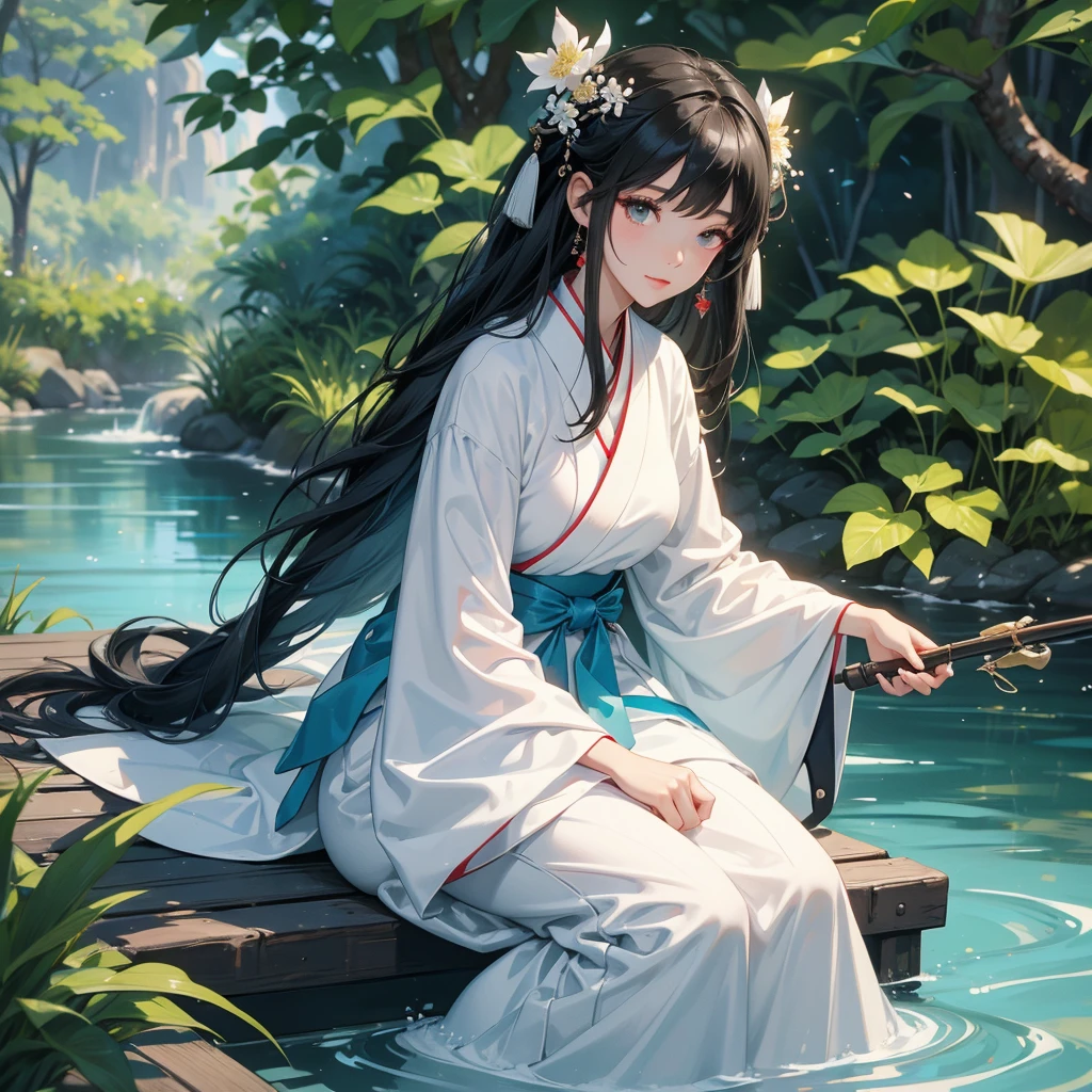 A black hair beautiful female in white hanfu dress , close up.
Sitting fishing next to a green stream, a blue river full of fish. flowing slowly