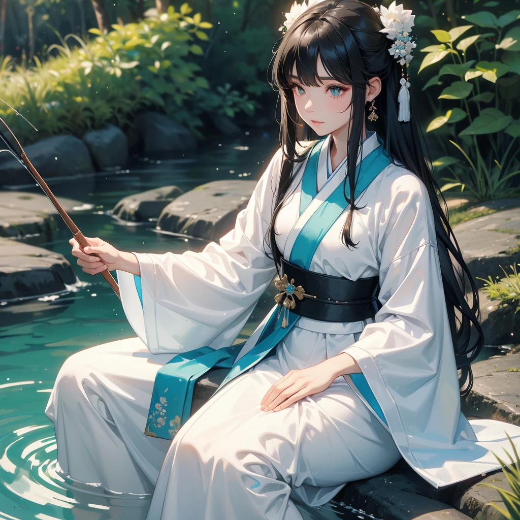 A black hair beautiful female in white hanfu dress , close up.
Sitting fishing next to a green stream, a blue river full of fish. flowing slowly