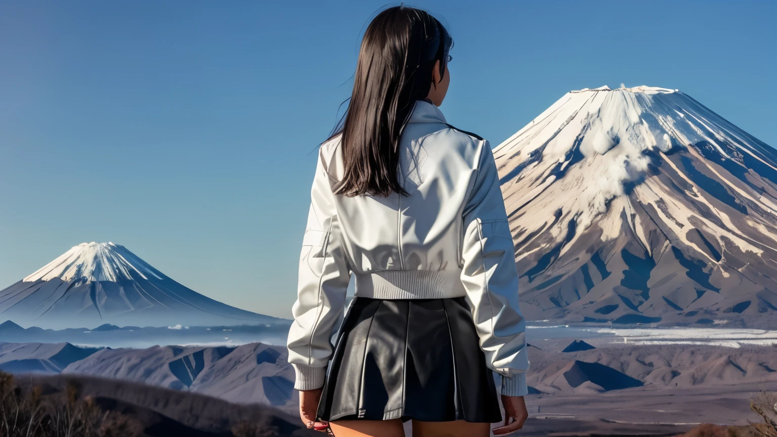 1 girl , mini dress , white jacket and black mini skirt with black high heel boots, dark hair , full body , back view while watching mount fuji japan landscape