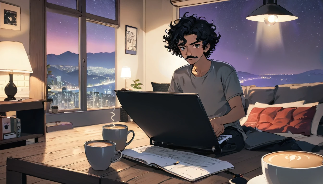 Lofi, Man, tan skin, Black curly hair, Comfy, Notebook, Coffe, Night, Relax, Room, HD, High Resolution, Masterpiece, 4K, thin mustache
