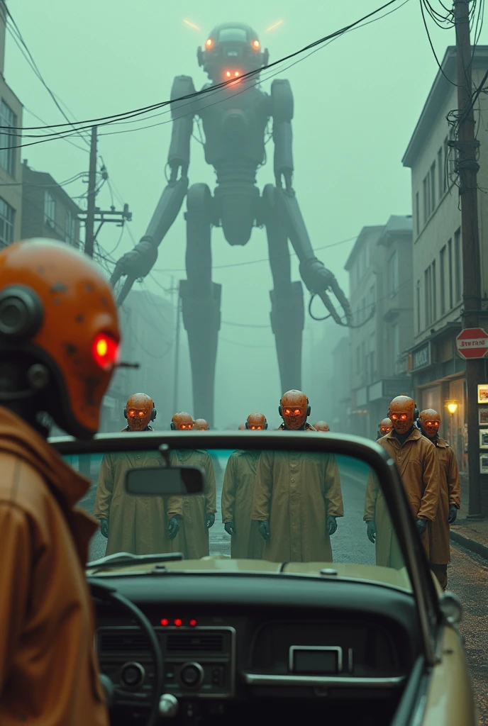 Cyber foggy style destopik street population robots humanoids old destroyed orange creepy metallic fringed with cables from their faces, talking to each other, destopyc cyberpunk street with other robots in the street their orange masks are orange and grunge and their eyes are lights,foggy street with some light spots, realistic sizes,very sad robots dressed like human poors in front of an old shop exposing old televisions they must be seen by back and are looking in front of the vitrine by back,in background a crowded very big building futuristic and sad with gigantic tower red illuminated tripod controling population with lighted eyes and cables from their bodies in train station, change point of view like we see the image from a 70 s car
