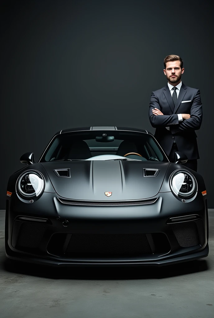 I want a man standing with matte black Porsche 911 gt3 rs front face full car photo and I am standing in front of it