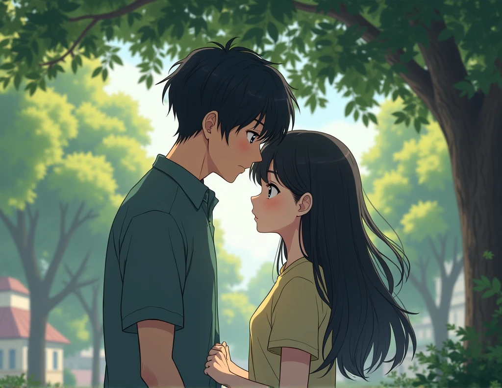 anime style.scene high quality in the school under a tree.A school couple.A boy which taller than the girl. The boy is touch the girl head.the girl feel ashamed and introvert.the girl is long black hair and the boy is textured bowl cut. Drawing ligh more visible and details