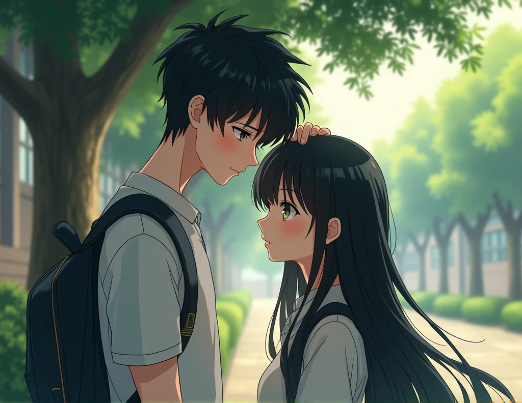 anime style.scene high quality in the school under a tree.A school couple.A boy which taller than the girl. The boy is touch the girl head.the girl feel ashamed and introvert.the girl is long black hair and the boy is textured bowl cut. Drawing ligh more visible and details