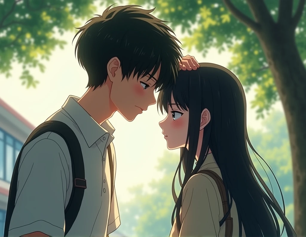 anime style.scene high quality in the school under a tree.A school couple.A boy which taller than the girl. The boy is touch the girl head.the girl feel ashamed and introvert.the girl is long black hair and the boy is textured bowl cut. Drawing ligh more visible and details
