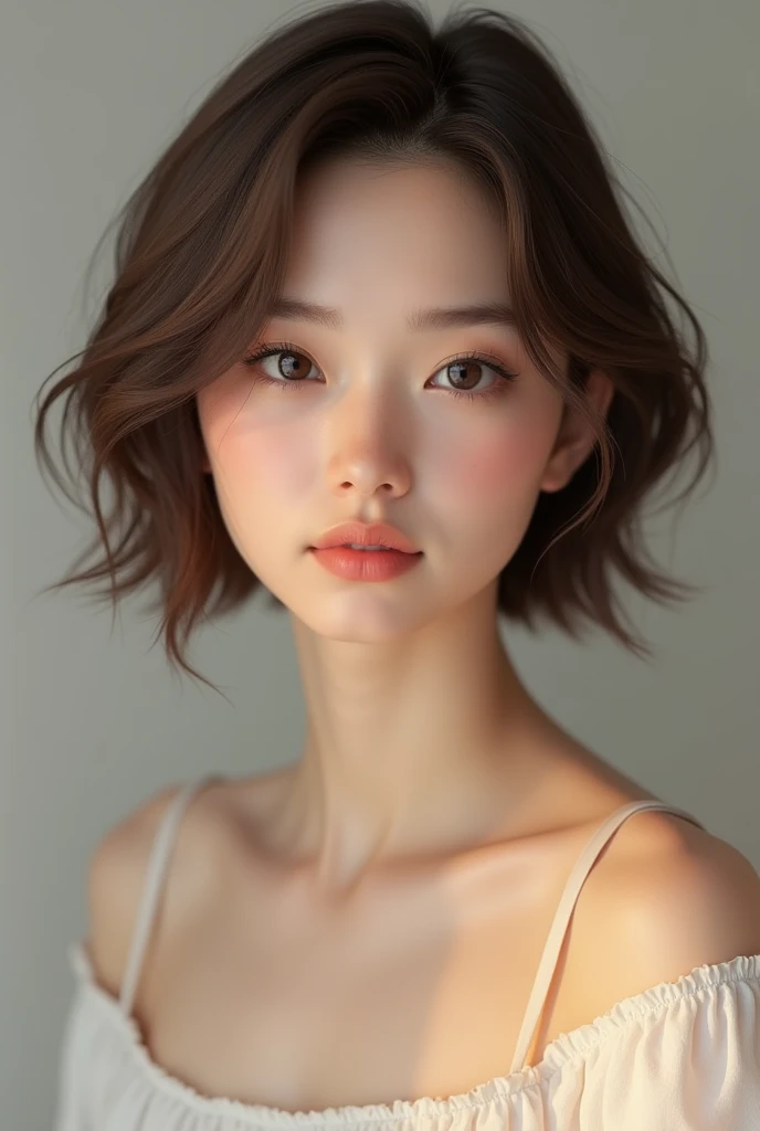 Japanese, short brown hair, early 20s, upper body only, beautiful, facing forward