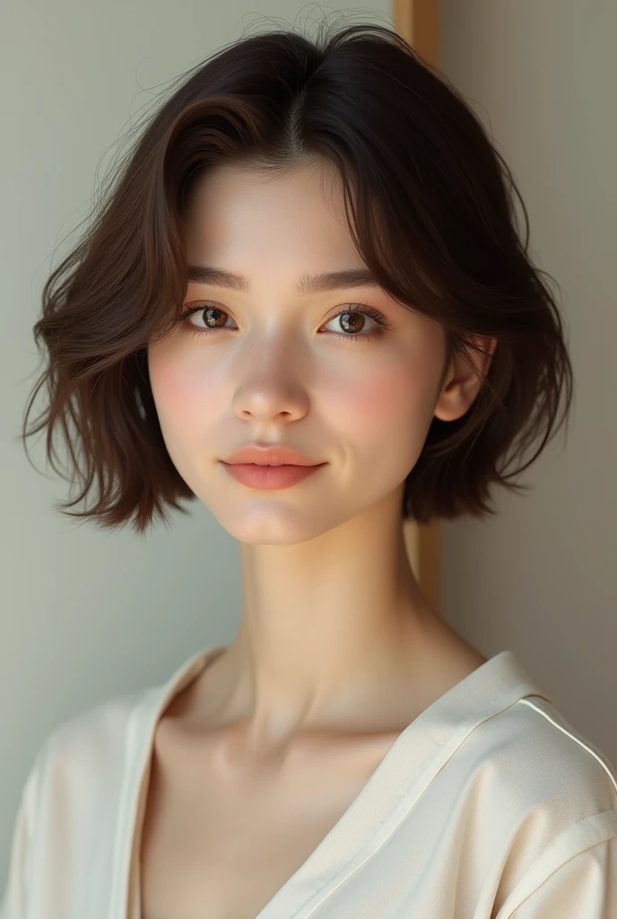 Japanese, short brown hair, early 20s, upper body only, beautiful, facing forward