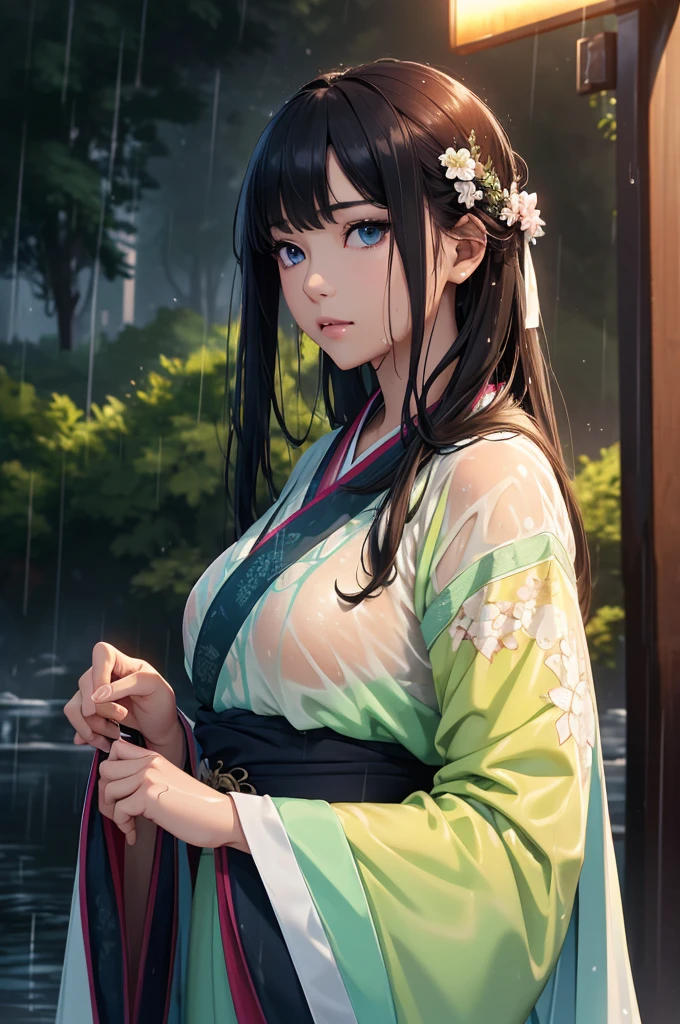 Heavy rain background、In the storm、in the forest、Walking in the river、On the run、In the fog、war (Highest quality,4K,8k,High resolution,masterpiece:1.2), Very detailed, (Realistic,Realistic,Realistic:1.3), High resolution, Hyper HD, Studio Lighting, Ultra-fine painting, Sharp focus, Physically Based Rendering, Very detailed説明, Professional, Vibrant colors, Bokeh, Sports Late Night, Ancient War Landscapes, Traditional Chinese Painting Techniques, Atmospheric lighting, Vivid color contrast, Ethereal atmosphere,Very detailed目と顔, Beautiful attention to detail, Light on the face,白いHanfu (Hanfu: 1.1),My whole body is wet、My clothes are wet and transparent、Nipples are visible、The nipples are pale pink、Rain clouds spreading across the sky、Heavy rain weather、Pouring rain、Wind and rain storm、((Soaked skin from head to toe))、((Rain-soaked clothes(Rain dripping from clothes))、((The lines of your body are clearly visible through your wet clothes...))、、(Green Eyes: 1.1)、Eyes are green、Slim figure、Small breasts、Sexy pose