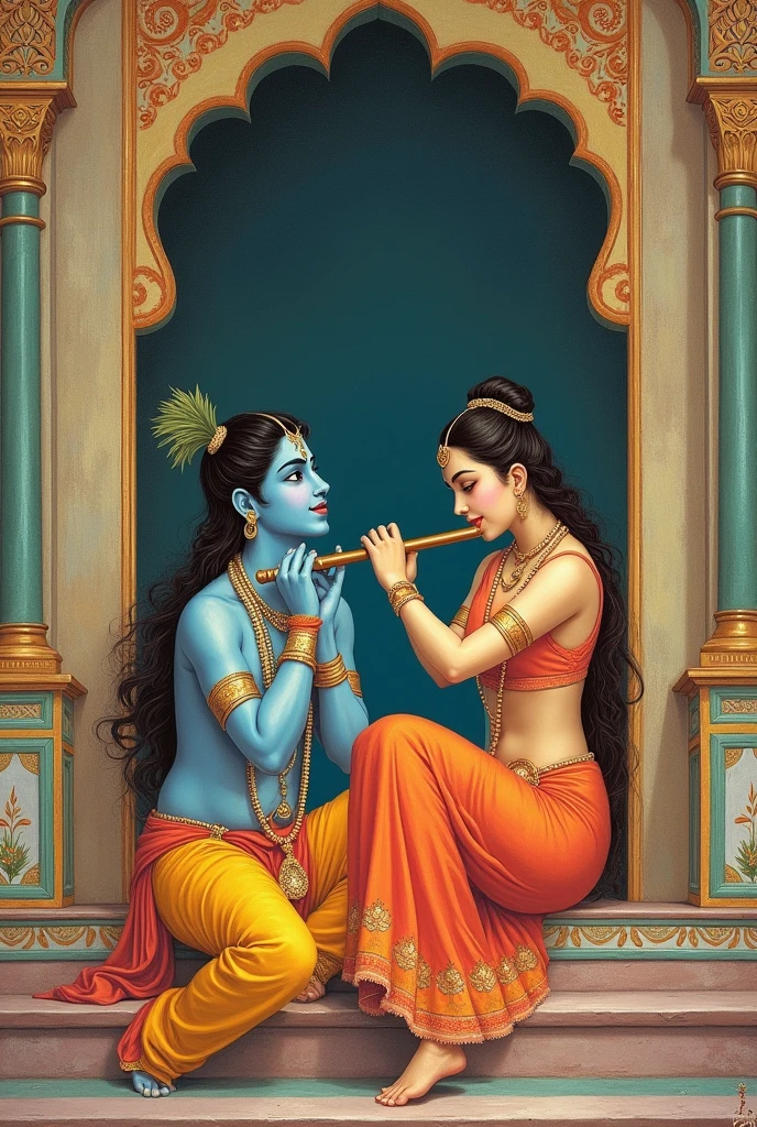 Lord blue krishna playing flute in raj mahal infront of radha while radha dancing and Krishna sitting from Radha's behind angle