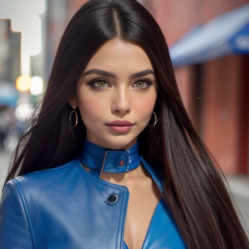Best quality, realistic, from the front in first person, On the street, (a female mexican Supermodel), (Seductive Blue Leather Coat:1.1), split, seductive smile, (dark hair), (hairstyle:1.0), Perfect eyes, sharp parts, detailed face, face-makeup, cheeks turn red, Eyeliner, eyeshadow, lip gloss, Supermodel, (Deep Focus), (hard lighting), (Night time), (realistic lighting:1.0)