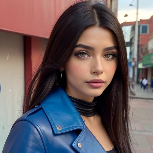 Best quality, realistic, from the front in first person, On the street, (a female mexican Supermodel), (Seductive Blue Leather Coat:1.1), split, seductive smile, (dark hair), (hairstyle:1.0), Perfect eyes, sharp parts, detailed face, face-makeup, cheeks turn red, Eyeliner, eyeshadow, lip gloss, Supermodel, (Deep Focus), (hard lighting), (Night time), (realistic lighting:1.0)