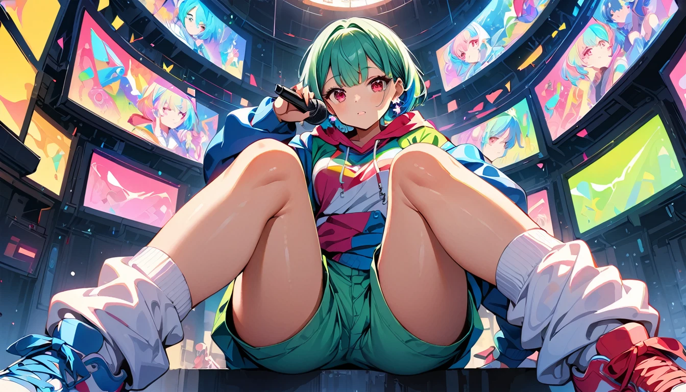 quality, 8k, 4K, High Contrast, masterpiece:1.2, 最high quality, Best aesthetics), ((1 female)),Singing with a microphone, bright eyeshadow,((Super Short Hair)), (Futuristic Music Station Background), (Wearing a colorful hoodie.), ((Shorts)),(Colorful loose socks), Looking at the audience, Transparent Background, (Look at me), Sleepy eyes, High Contrast, Contrasting colors, green and blue hair, Red eyes,, Small star-shaped earrings on both ears, ((Low angle shot)), Colorful baseball caps,Colorful sneakers,big ,Overall green color