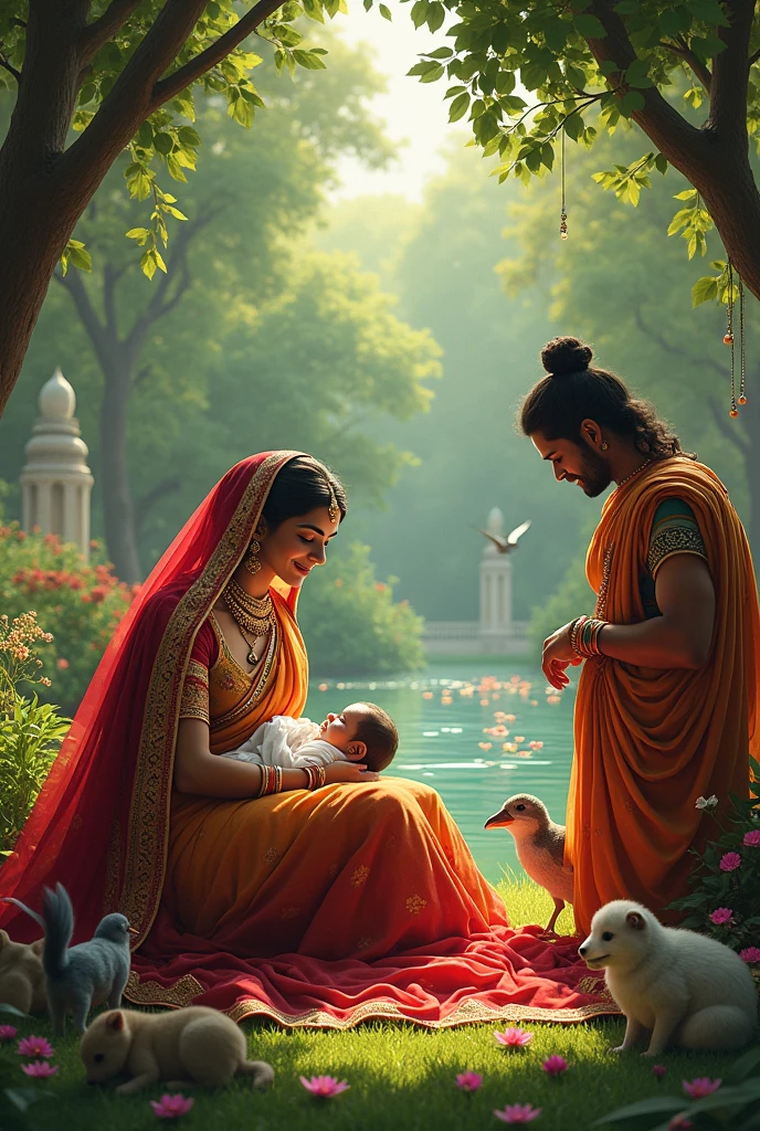 Indian queen just gave birth to baby boy in a garden with lake flowers animals birds... Nearby her is her husband and servant dasis