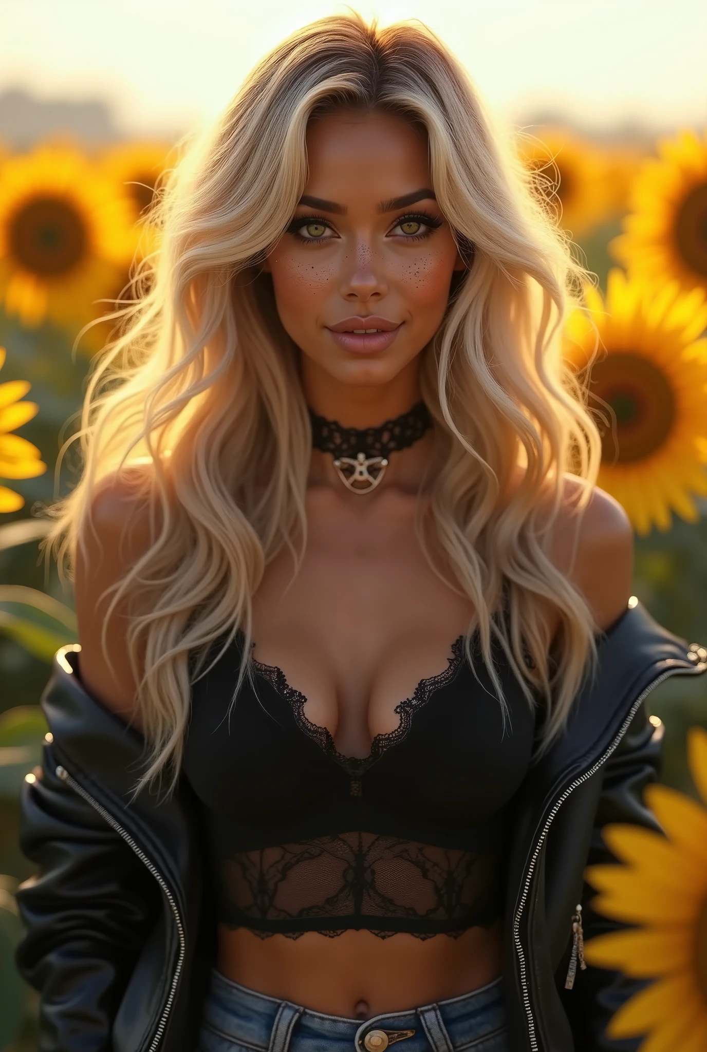 A beautiful white Latina woman with long blonde curls with freckles and Chicano makeup with hazel eyes wearing a black lace tank top with a leather jacket with leather jeans with boots smiling outside in a field of sunflowers