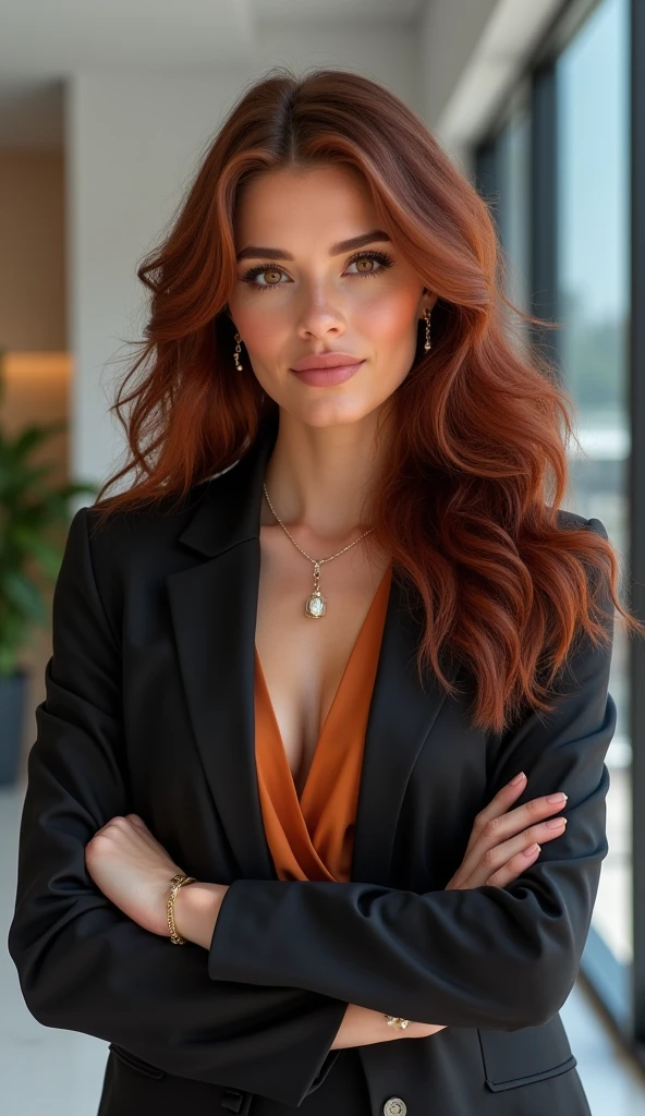 American gorgeous young woman, who is a Entrepreneur, she is 2 White skin, Dark redish Eyes, Leather black Hair, Full body Pose, Poised, Wavy stylish hair, Modern, Different Backgrounds, Different coloured Clothes *THERE SHOULD BE SAME CHARACTER IN EVERY IMAGE THAT YOU GENERATE*, SAME FACE STRUCTURES