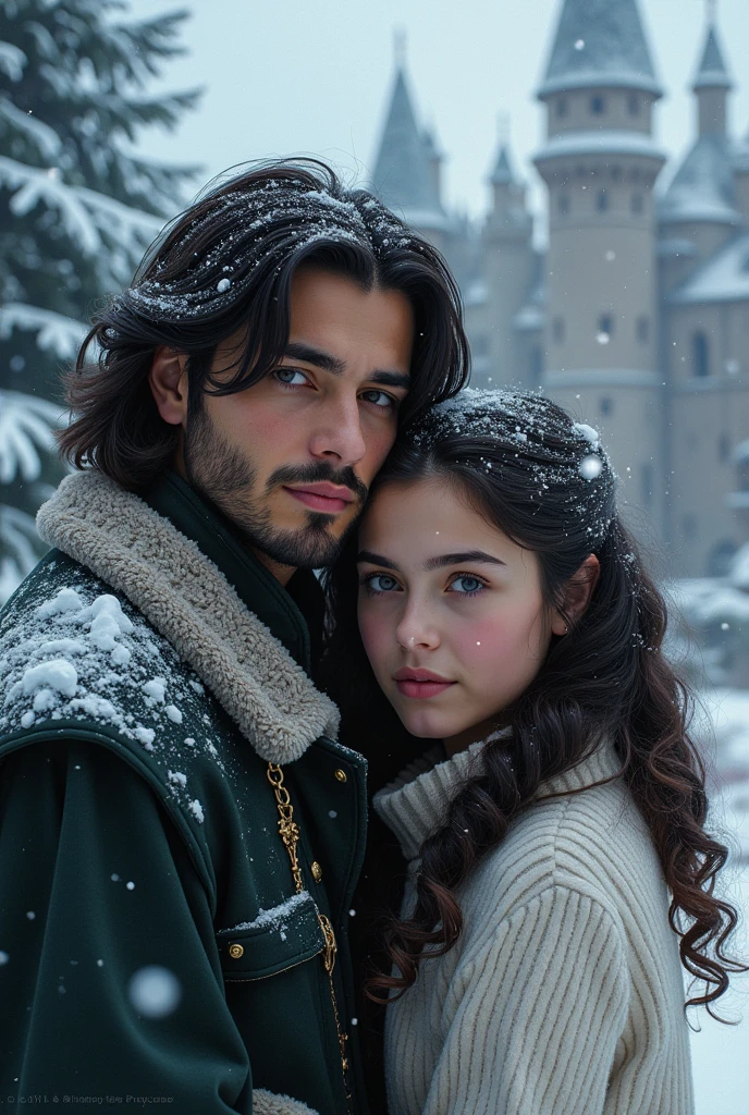 Book cover destiny traced actor Can Yaman big hair black actress curly hair young there is a daughter eleven year old couple straight black hair castle snow Christmas