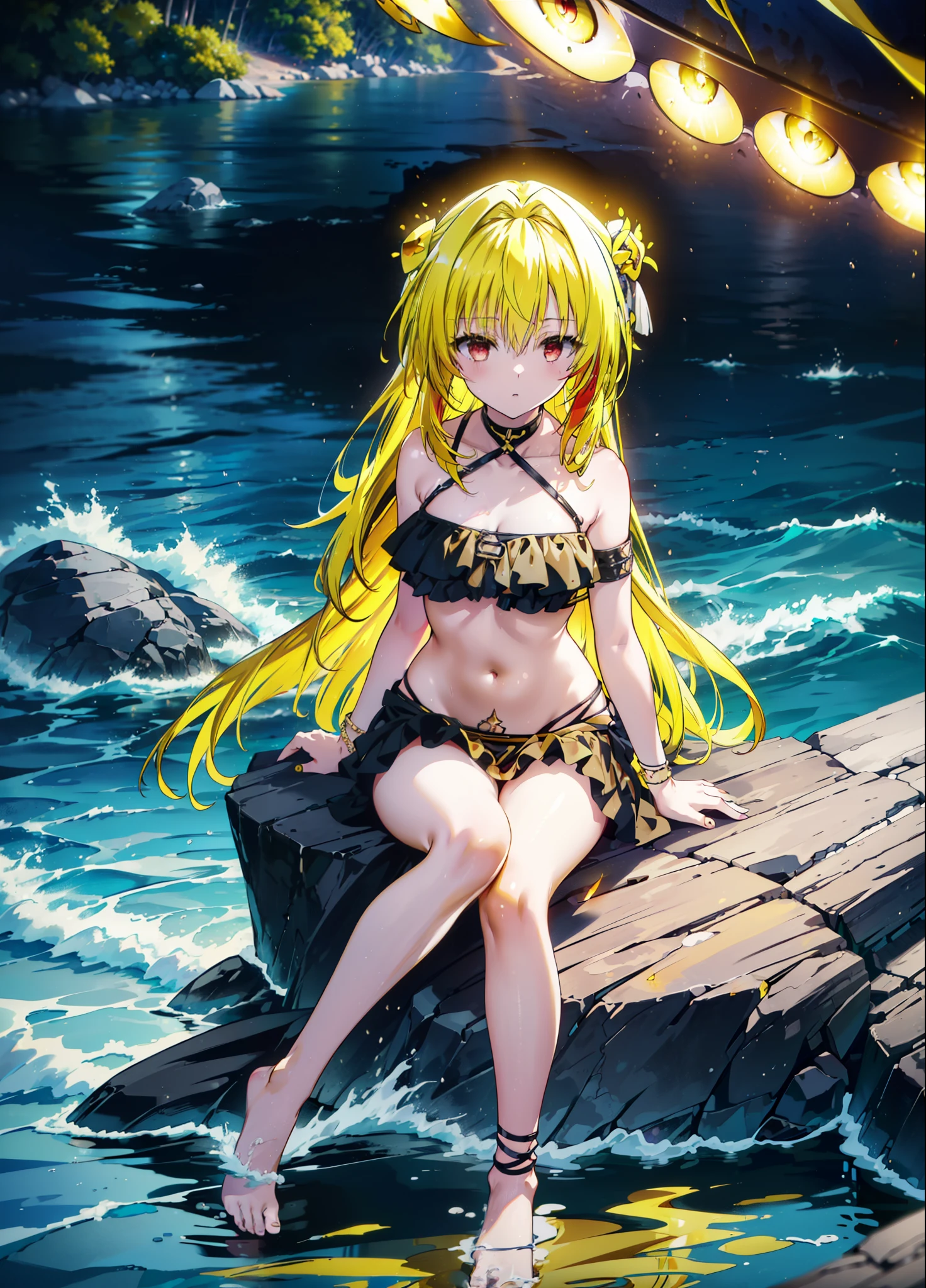 toloverumy, my, (Yellow Hair:1.5), Long Hair, (Red eyes:1.5), (hair ornaments:1.2), Both sides up, Black frilly bikini swimsuit,Belly button,abdomen,A thin long skirt is wrapped around her waist,barefoot,Sitting on a big rock,Rocky area,night,moonlight,meteor,whole bodyがイラストに入るように,
break outdoors, Beach,
break looking at viewer, whole body,
break (masterpiece:1.2), Highest quality, High resolution, unity 8k wallpaper, (figure:0.8), (Beautiful attention to detail:1.6), Highly detailed face, Perfect lighting, Highly detailed CG, (Perfect hands, Perfect Anatomy),