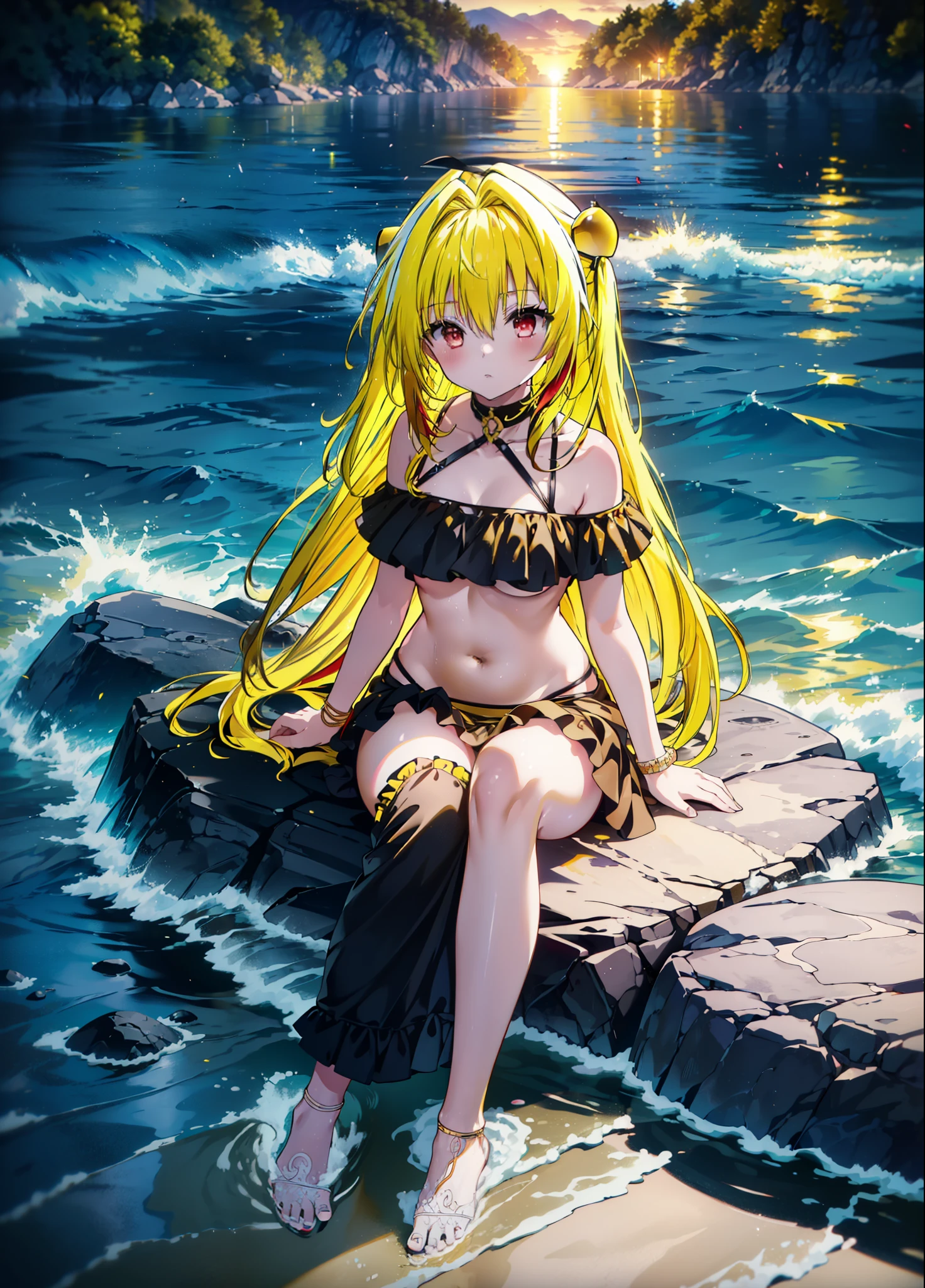 toloverumy, my, (Yellow Hair:1.5), Long Hair, (Red eyes:1.5), (hair ornaments:1.2), Both sides up, Black frilly bikini swimsuit,Belly button,abdomen,A thin long skirt is wrapped around her waist,barefoot,Sitting on a big rock,Rocky area,night,moonlight,meteor,whole bodyがイラストに入るように,
break outdoors, Beach,
break looking at viewer, whole body,
break (masterpiece:1.2), Highest quality, High resolution, unity 8k wallpaper, (figure:0.8), (Beautiful attention to detail:1.6), Highly detailed face, Perfect lighting, Highly detailed CG, (Perfect hands, Perfect Anatomy),