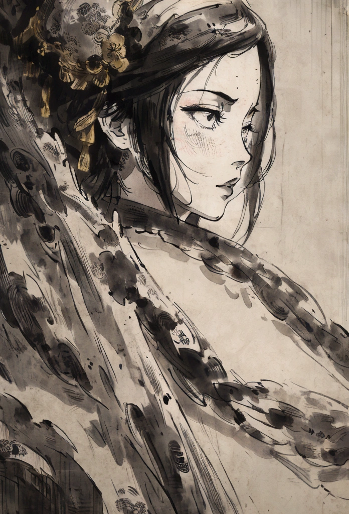 a young japanese samurai warrior man and woman, elegant and refined, dynamic action poses, traditional japanese sword, black and white manga style, taisho era period, intricate detailed line art, highly expressive faces, beautiful flowing robes, cinematic lighting, (best quality,4k,8k,highres,masterpiece:1.2),ultra-detailed,(realistic,photorealistic,photo-realistic:1.37),cinematic composition,dramatic shadows,moody atmosphere,vibrant contrast
