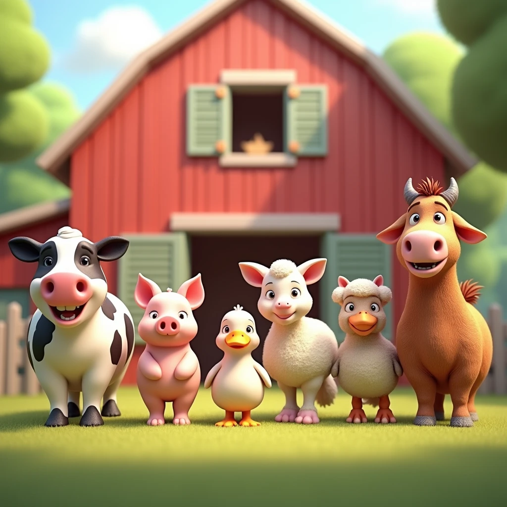 sunny day, big red barn, there are cow, pig, chicken, sheep, duck, horse and goat stand side by side together happily