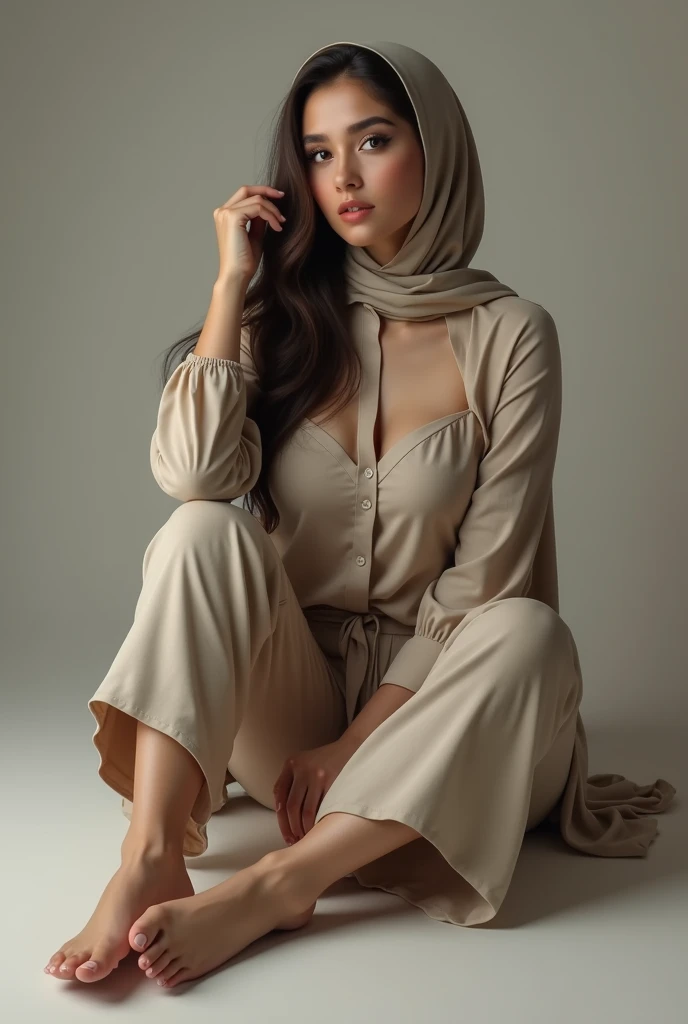 A brunette girl with hijab and big breasts sits with her legs stretched out, taking a realistic photo