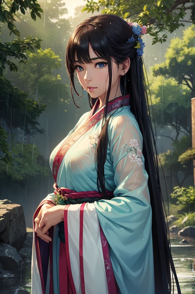 Heavy rain background、In the storm、in the forest、Walking in the river、On the run、In the fog、war (Highest quality,4K,8k,High resolution,masterpiece:1.2), Very detailed, (Realistic,Realistic,Realistic:1.3), High resolution, Hyper HD, Studio Lighting, Ultra-fine painting, Sharp focus, Physically Based Rendering, Very detailed説明, Professional, Vibrant colors, Bokeh, Sports Late Night, Ancient War Landscapes, Traditional Chinese Painting Techniques, Atmospheric lighting, Vivid color contrast, Ethereal atmosphere,Very detailed目と顔, Beautiful attention to detail, Light on the face,白いHanfu (Hanfu: 1.1),My whole body is wet、My clothes are wet and transparent、Nipples are visible、The nipples are pale pink、Rain clouds spreading across the sky、Heavy rain weather、Pouring rain、Wind and rain storm、((Soaked skin from head to toe))、((Rain-soaked clothes(Rain dripping from clothes))、((The lines of your body are clearly visible through your wet clothes...))、、(Green Eyes: 1.1)、Eyes are green、Slim figure、Small breasts、Sexy pose