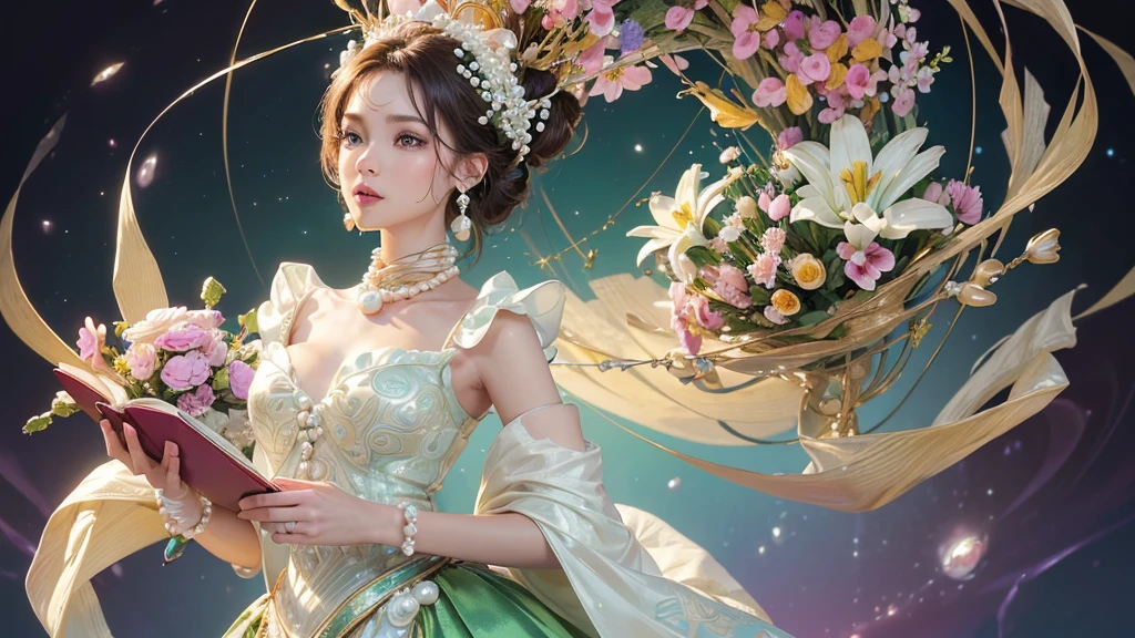 32K, 最高quality, 最高masterpiece, (ultra-Detailed Background, Detailed Background), High resolution, Super detailed, Very detailedな, 1 personの, (bouquet:1.3), (Tangled:1.2), (Geometric:1.2),(colorful),(masterpiece, quality, best quality, Official Art, Beautiful and beautiful:1.2), (1 person:1.3), Very detailed,(colorful:1.1)(Flowers:1.3),Most detailed,(Tangled:1.2), whole body, (Abstract background:1.3), (Skin glows), (Many colors:1.4), ,(Earrings Pearl:1.5), Light green background, It's imaginative., Brunette Hair, Updo, Holding a book, Holding a pen, Satin shirt