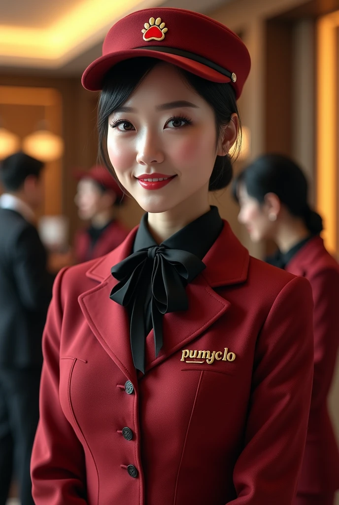 Create hostesses who have the brand pumclo on their uniform and a cat paw print in red, the letters and the paw print so that they are elegantly uniformed that says PUMCLO, put a hat on them so that they are real people who are HOSTESSES 