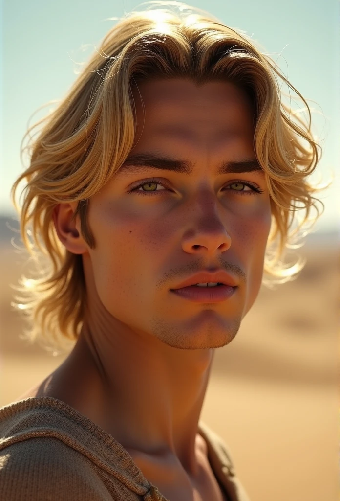 best quality,4k,8k,highres,masterpiece:1.2,ultra-detailed,realistic,photorealistic,photo-realistic:1.37,HDR,UHD,studio lighting,ultra-fine painting,sharp focus,physically-based rendering,extreme detail description,professional,vivid colors,bokeh,portrait,hyperrealistic,cinematic,dramatic lighting,beautiful detailed eyes,beautiful detailed lips,extremely detailed eyes and face,long eyelashes,young man,golden hair,gentle breeze,vast desert landscape,awe-inspiring,captivating