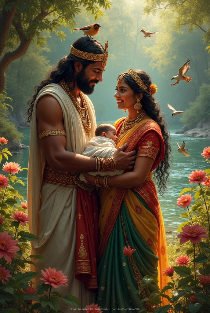 Indian queen just gave birth to baby boy in a garden with lake flowers animals birds... Nearby her is her husband and dasis