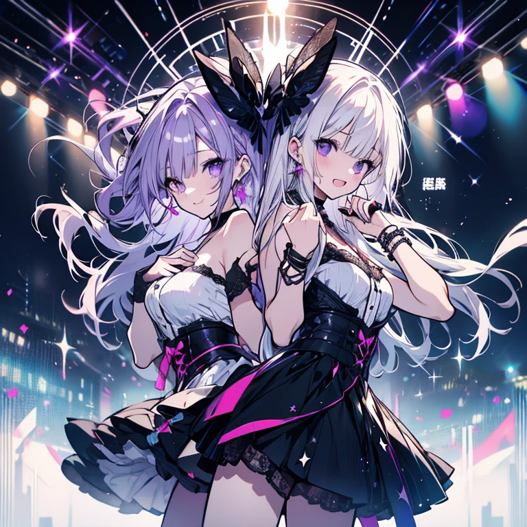 2 people、Mature、Ample breasts、Long Hair、White hair、Purple Hair、Idol Group、2 people組み、Diva、Open Mouth、sing、Back to Back、Turn your backs on each other、Live Stage、Black costume、Lace fabric、Shoulder Bare、Miniskirt、choker、Earrings、bracelet、Hold the microphone、Starry Sky、Spotlight、smile、cool、High resolution、Highest quality