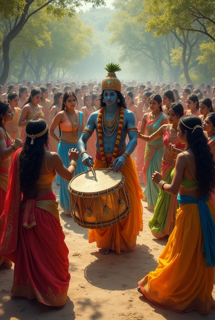 Lord Krishna playing Dhol with two sticks a in the form of a disguised dhol player with 140 girls devoted to Him playing the Raas.