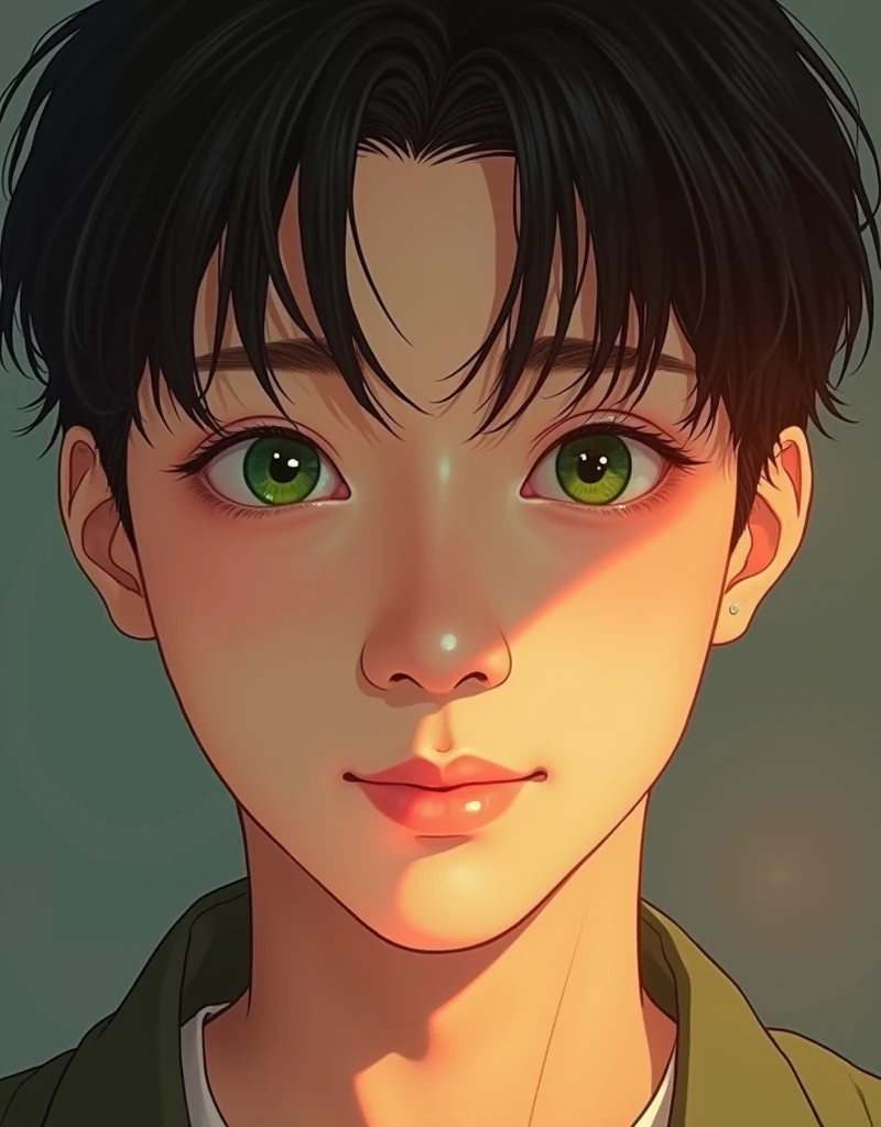 Pretty Asian boy with gentle appearance and big green eyes. The portrait focuses on his face., A close-up photo taken at 85mm.. He is looking directly at the camera. The boy resembles Kim Taehyung and Cha Eunwoo. The artwork is created using high quality materials., such as oil painting or digital rendering.. Images should have realistic, photorealistic quality with highly detailed features... Lighting is well balanced, It highlights the boy&#39;s facial structure and brings out the vibrant colors in the piece... The overall tone should be warm and inviting..
