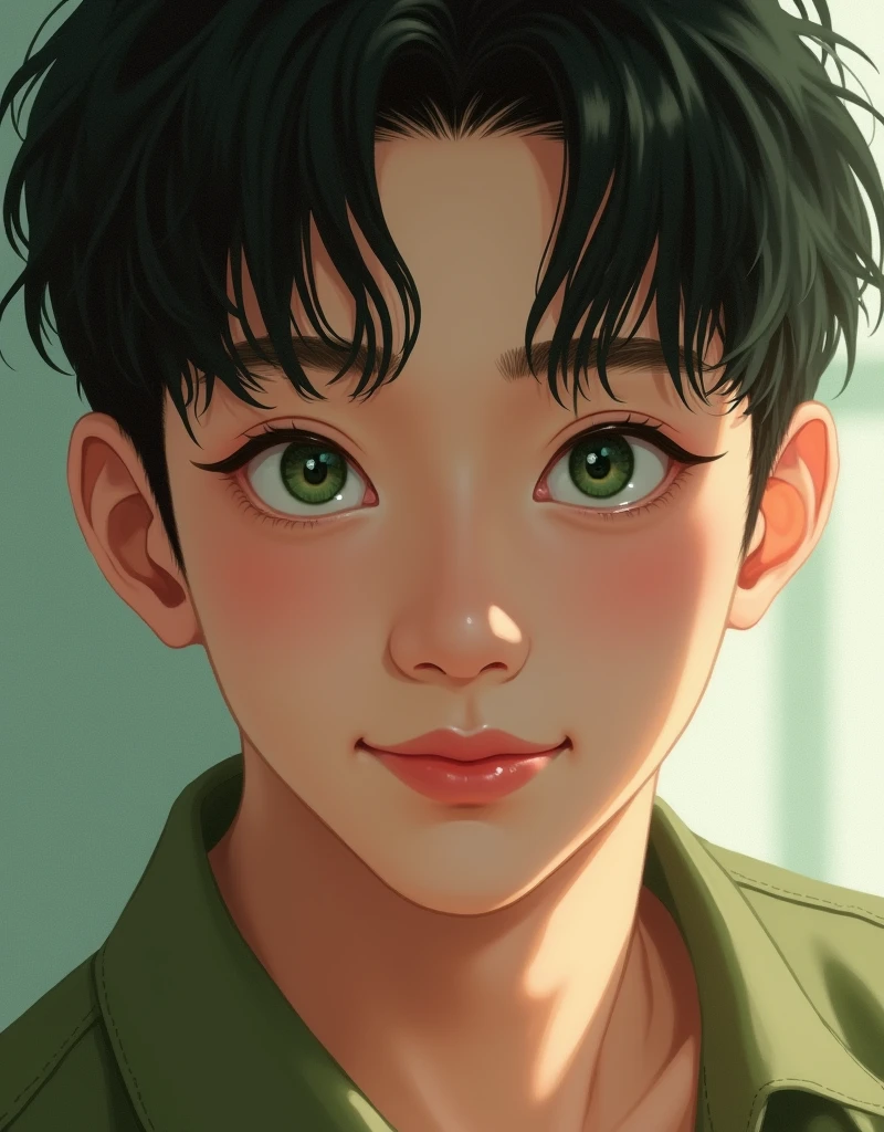 Pretty Asian boy with gentle appearance and big green eyes. The portrait focuses on his face., A close-up photo taken at 85mm.. He is looking directly at the camera. The boy resembles Kim Taehyung and Cha Eunwoo. The artwork is created using high quality materials., such as oil painting or digital rendering.. Images should have realistic, photorealistic quality with highly detailed features... Lighting is well balanced, It highlights the boy&#39;s facial structure and brings out the vibrant colors in the piece... The overall tone should be warm and inviting..