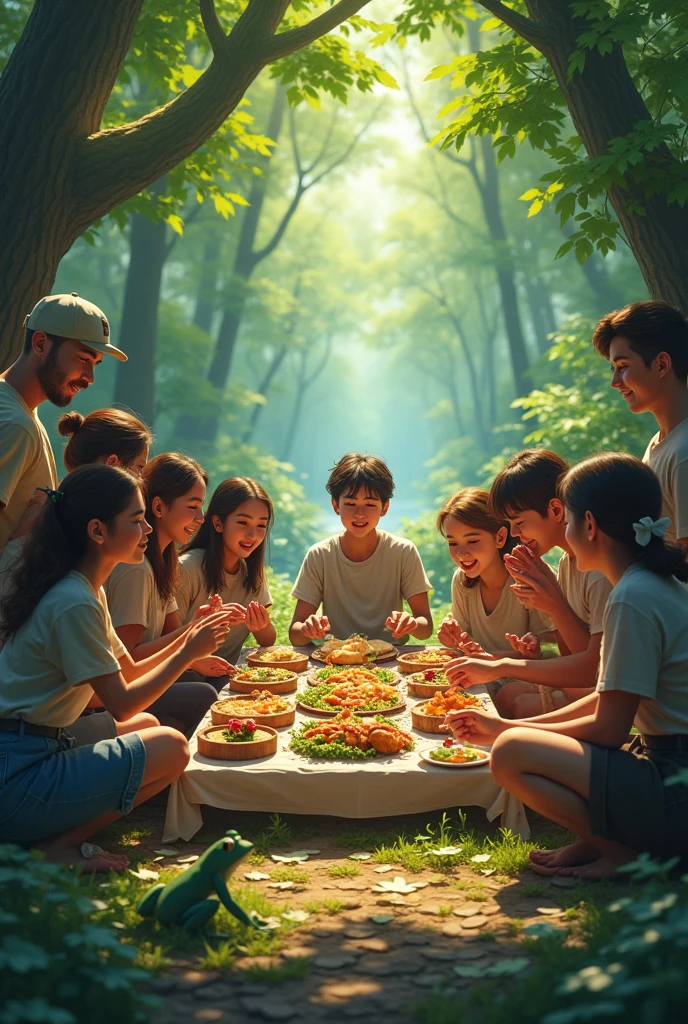 10 Man crowd in forest eating food and 1 man not eating food and frogs are jumping