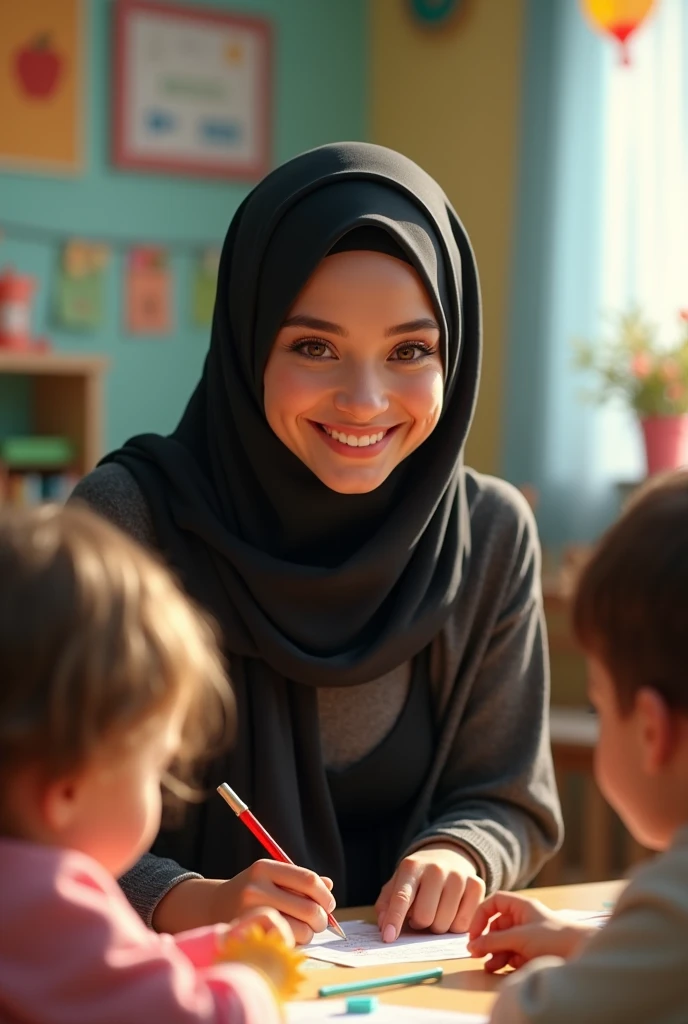 Pretty teacher playing with her preschool students, beautiful face, big detailed eyes, The teacher with black hijab on, black bikini and honey-colored eyes, enhanced details, hyperdetailed, 4k, HD, wallpaper, high quality