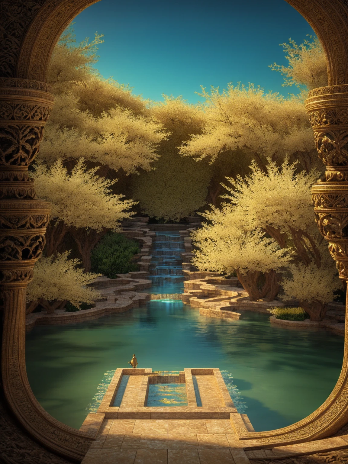 ((Astounding)), ((Captivating)), ((Magnificent)), ((masterpiece)), ((Intricate)), ((Breathtaking)), ((16K)), landscape, Spring, Oasis, Water Source, birds, digital artwork, Digital masterpiece, Digital design, Digital illustration, cinematic lighting, Mood lighting, Cinematic atmosphere, Dramatic lighting, telephoto lens, Compressed perspective, Magnification, Long focal length lens