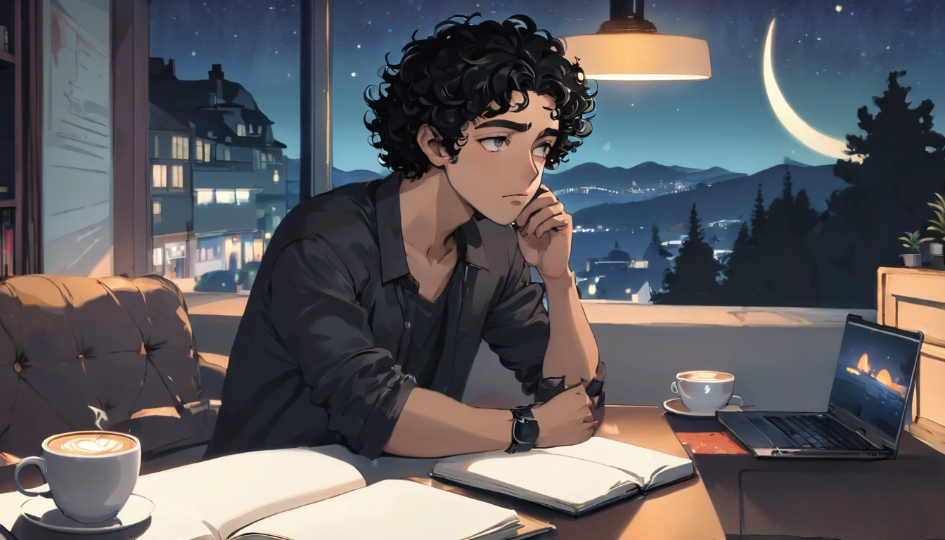 Lofi, Man, tan skin, Black curly hair, Comfy, Notebook, Coffe, Night, Relax, Room, HD, High Resolution, Masterpiece, 4K,