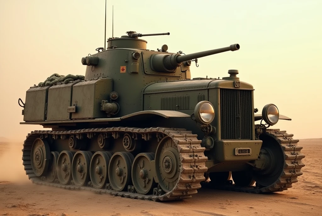 WWII German Tractor、Shallow depth of field、(masterpiece:1.3) (最high quality:1.2) (high quality:1.1)、Cinematic Light, ((Cinema Lighting),(Natural light),(High level of artistry),(artistic),(Genuineと見分けがつかない品質),RAW Photos,Genuine,Genuine,High resolution,RAW Photos,masterpiece, beautiful,Roof hatch and roof mounted machine gun.Heavily armed, Heavy Armor, Military Vehicles, Military weapons, Military equipment, Camouflage,desert、caterpillar、crawler track