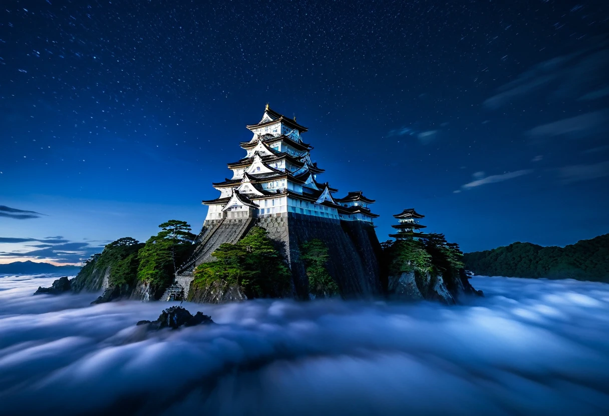 In Japan’s Sengoku period, as night falls, a divine castle appears floating in the sky, eternally glowing as a sleepless fortress. Under the beautiful starlit sky and surrounded by a sea of clouds, this castle is a mystical place filled with the dreams and ambitions of ancient warlords. The breathtaking architecture intertwined with nature creates a scene that inspires awe in all who behold it.