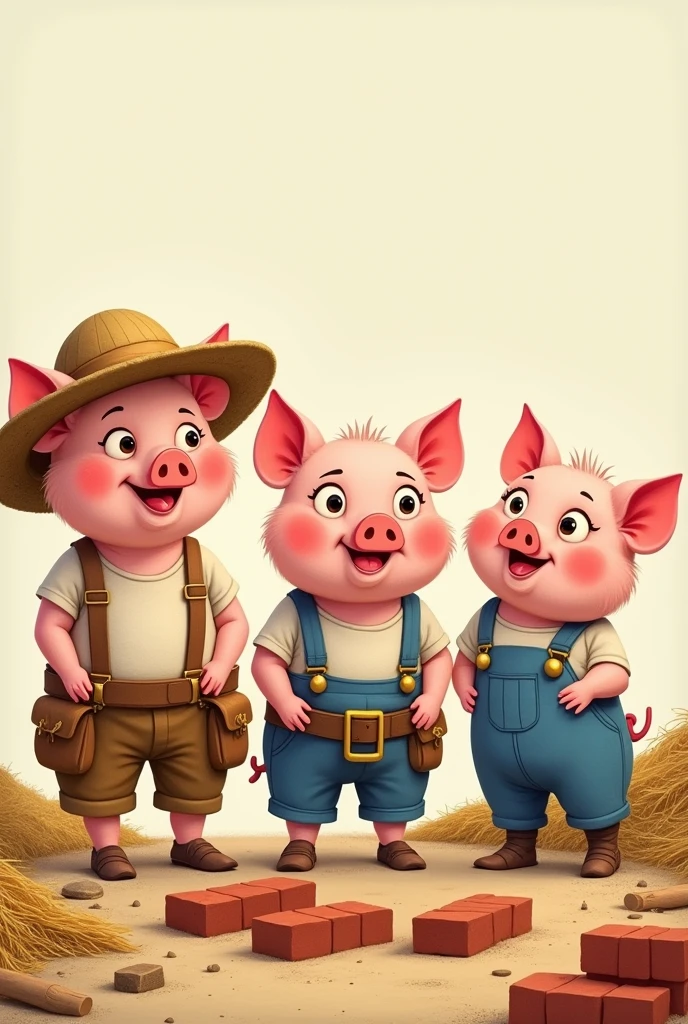 Three little pigs, one with a straw hat, another with a tool belt, and the third in overalls standing in front of a pile of building materials (straw, sticks, and bricks).