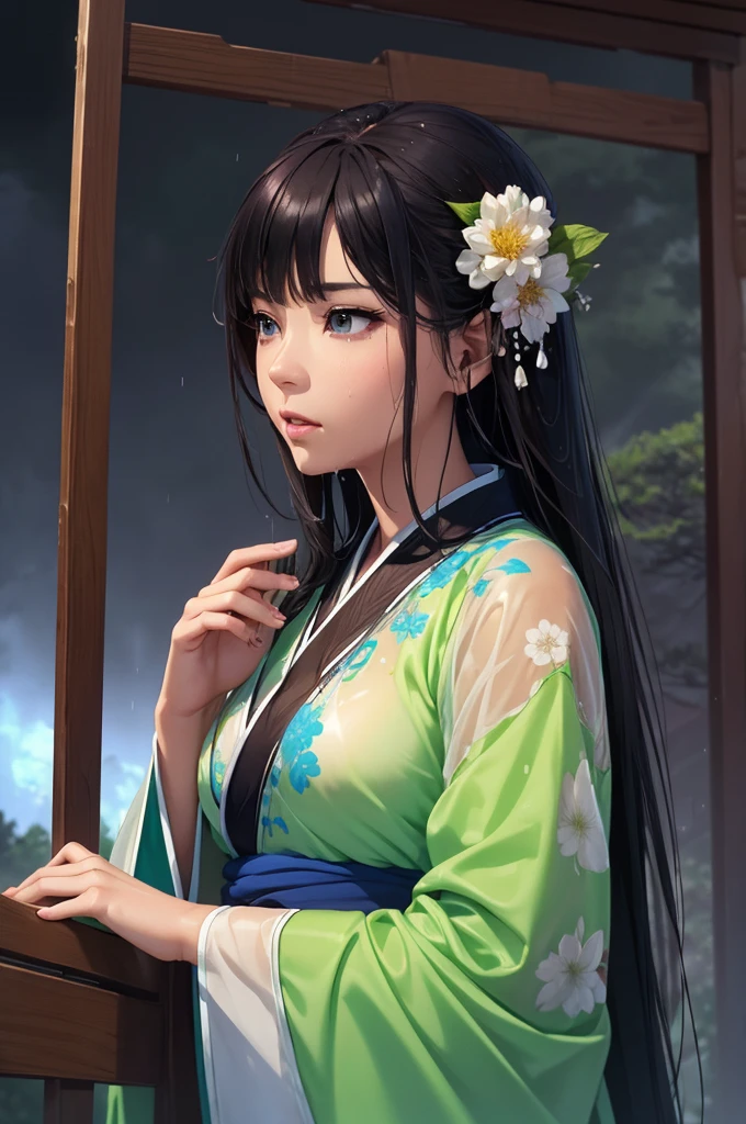 Heavy rain background、In the storm、in the forest、Walking in the river、On the run、In the fog、war (Highest quality,4K,8k,High resolution,masterpiece:1.2), Very detailed, (Realistic,Realistic,Realistic:1.3), High resolution, Hyper HD, Studio Lighting, Ultra-fine painting, Sharp focus, Physically Based Rendering, Very detailed説明, Professional, Vibrant colors, Bokeh, Sports Late Night, Ancient War Landscapes, Traditional Chinese Painting Techniques, Atmospheric lighting, Vivid color contrast, Ethereal atmosphere,Very detailed目と顔, Beautiful attention to detail, Light on the face,白いHanfu (Hanfu: 1.1),My whole body is wet、My clothes are wet and transparent、Nipples are visible、The nipples are pale pink、Rain clouds spreading across the sky、Heavy rain weather、Pouring rain、Wind and rain storm、((Soaked skin from head to toe))、((Rain-soaked clothes(Rain dripping from clothes))、((The lines of your body are clearly visible through your wet clothes...))、、(Green Eyes: 1.1)、Eyes are green、Slim figure、Small breasts、Sexy pose