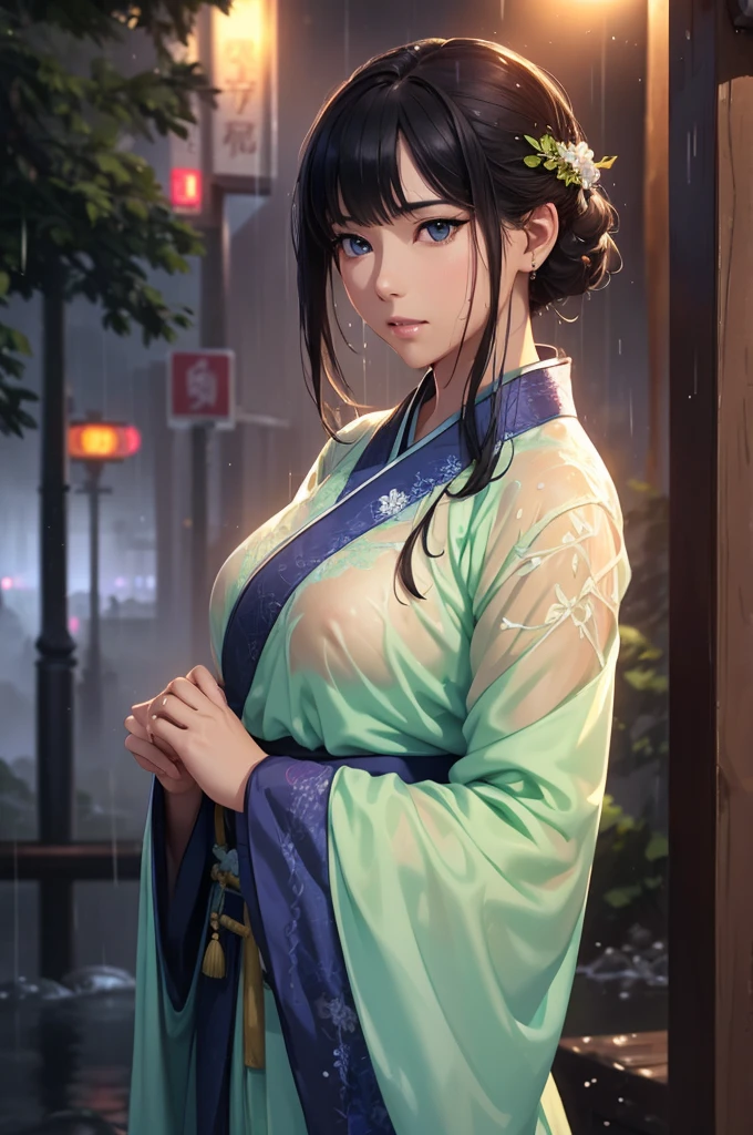 Heavy rain background、In the storm、in the forest、Walking in the river、On the run、In the fog、war (Highest quality,4K,8k,High resolution,masterpiece:1.2), Very detailed, (Realistic,Realistic,Realistic:1.3), High resolution, Hyper HD, Studio Lighting, Ultra-fine painting, Sharp focus, Physically Based Rendering, Very detailed説明, Professional, Vibrant colors, Bokeh, Sports Late Night, Ancient War Landscapes, Traditional Chinese Painting Techniques, Atmospheric lighting, Vivid color contrast, Ethereal atmosphere,Very detailed目と顔, Beautiful attention to detail, Light on the face,白いHanfu (Hanfu: 1.1),My whole body is wet、My clothes are wet and transparent、Nipples are visible、The nipples are pale pink、Rain clouds spreading across the sky、Heavy rain weather、Pouring rain、Wind and rain storm、((Soaked skin from head to toe))、((Rain-soaked clothes(Rain dripping from clothes))、((The lines of your body are clearly visible through your wet clothes...))、、(Green Eyes: 1.1)、Eyes are green、Slim figure、Small breasts、Sexy pose