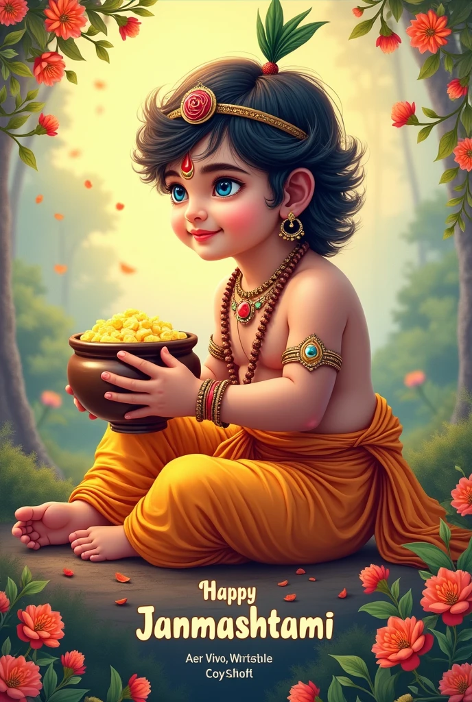 Make poster of child lord shri krishna holding the pot of butter in hand in sitting posture and in down side centre write in Bold font "Happy janmashtami" and below this line write in big text Sudarshan Dairy & Apna chemist with picture of cow and medicin