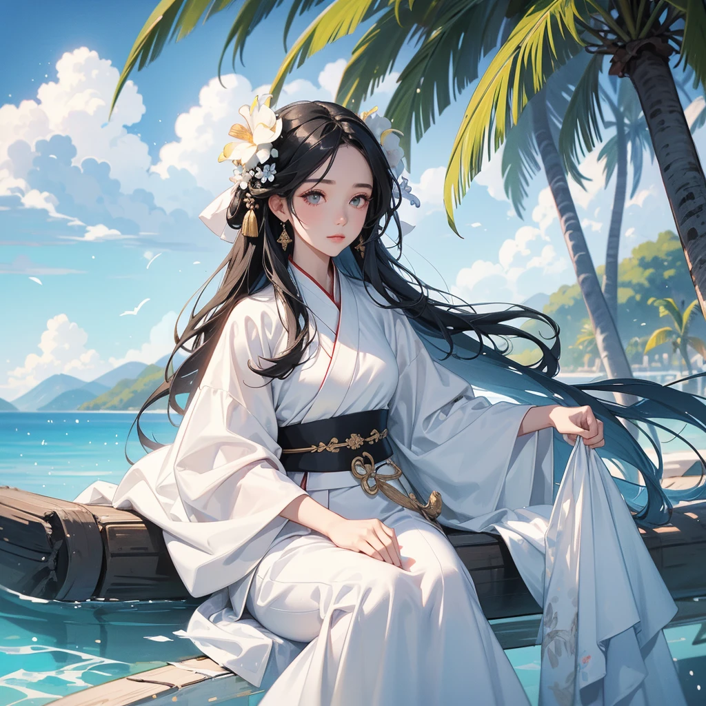 A black hair beautiful female in white hanfu dress , close up.

Sitting fishing By the blue sea Under the coconut tree Behind there are mountains, with low, lazily floating clouds.