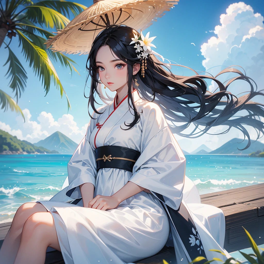 A black hair beautiful female in white hanfu dress , close up.

Sitting fishing By the blue sea Under the coconut tree Behind there are mountains, with low, lazily floating clouds.