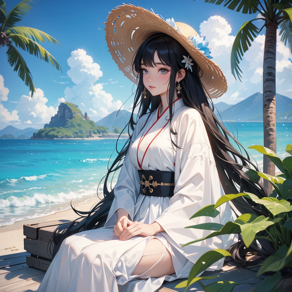 A black hair beautiful female in white hanfu dress , close up.

Sitting fishing By the blue sea Under the coconut tree Behind there are mountains, with low, lazily floating clouds.
